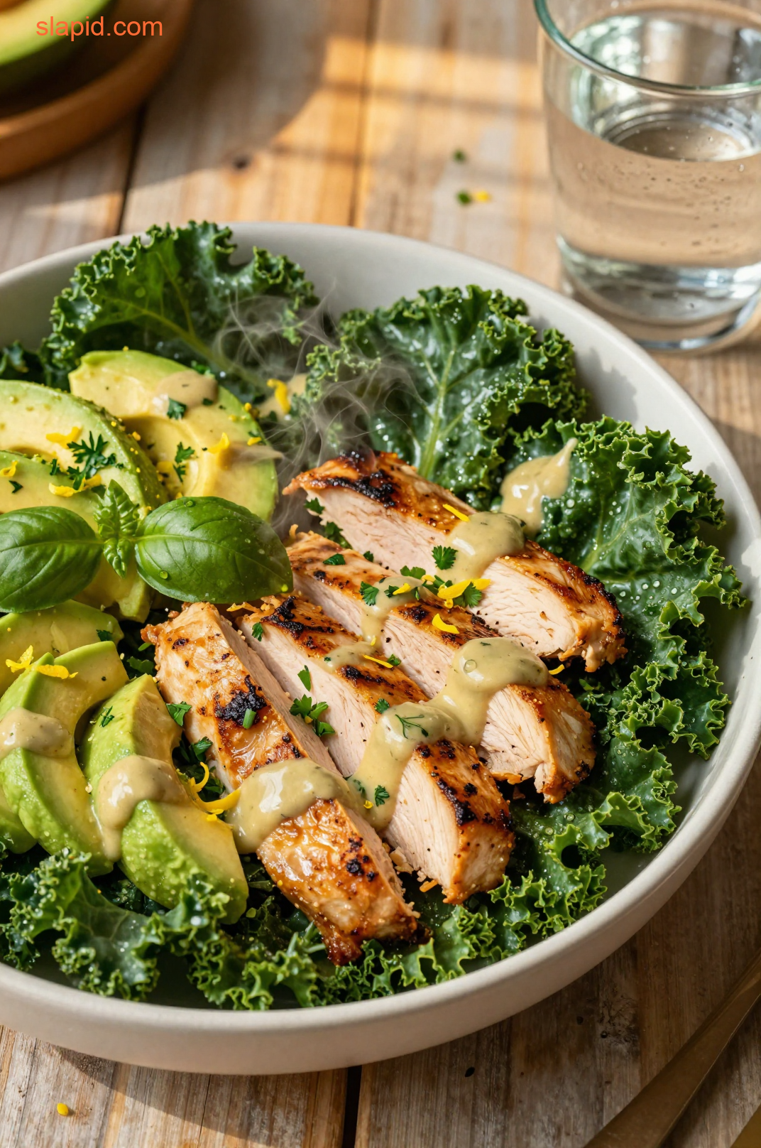 Avocado Kale Chicken Salad with Lemon-Tahini Dressing - high protein kale salad recipes with avocado and chicken
