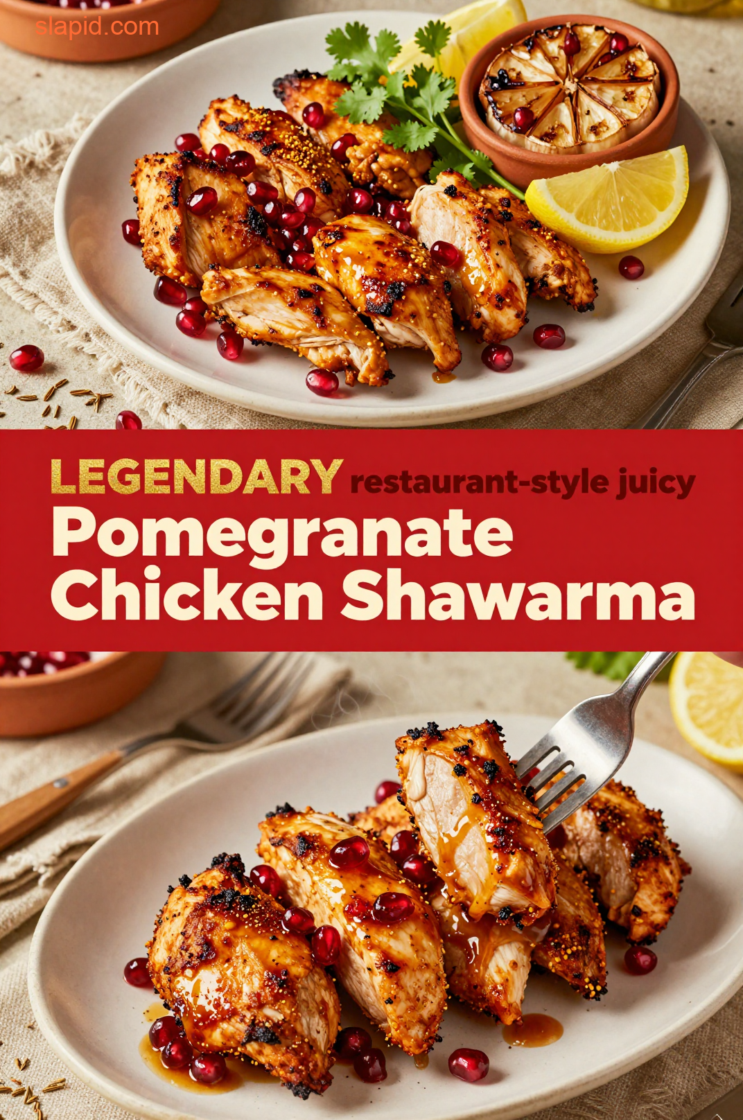 Pomegranate Chicken Shawarma with tahini sauce and fresh vegetables