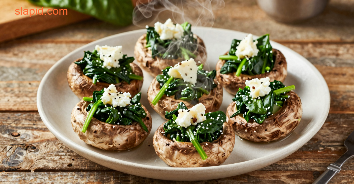 Delicious plate of Spinach and Feta Stuffed Portobello Mushrooms
