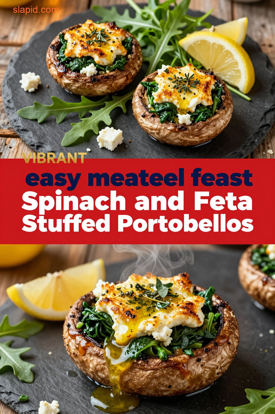 Delicious plate of Spinach and Feta Stuffed Portobellos
