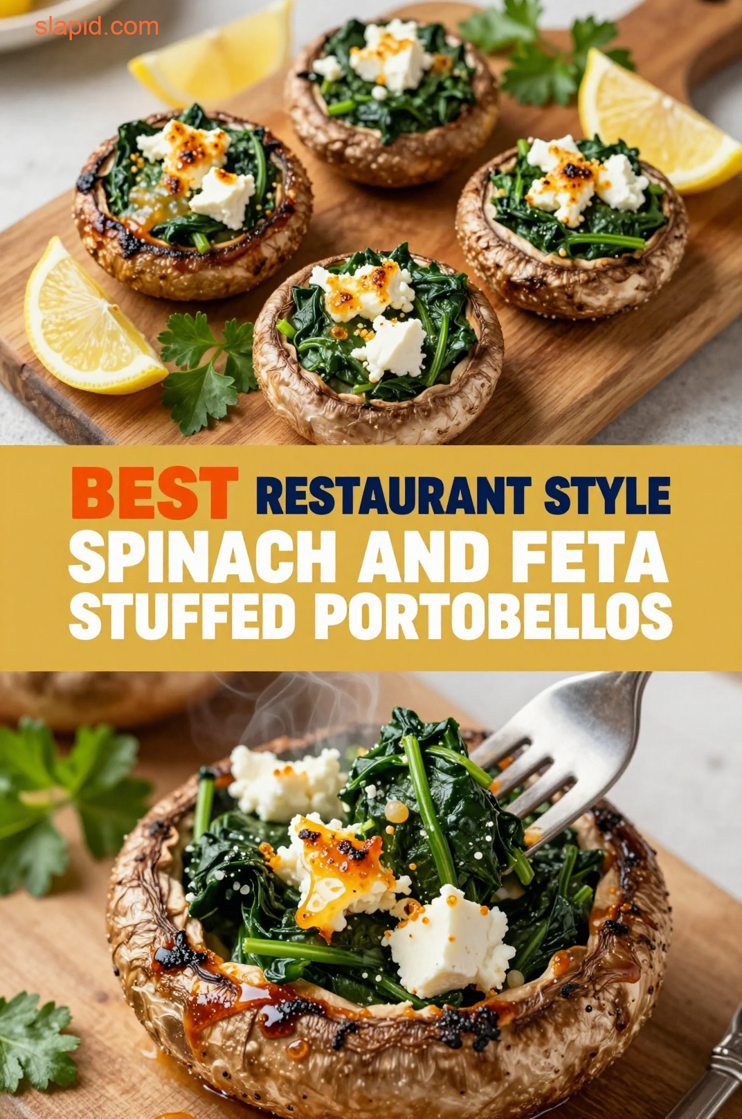 Delicious plate of Spinach and Feta Stuffed Portobellos