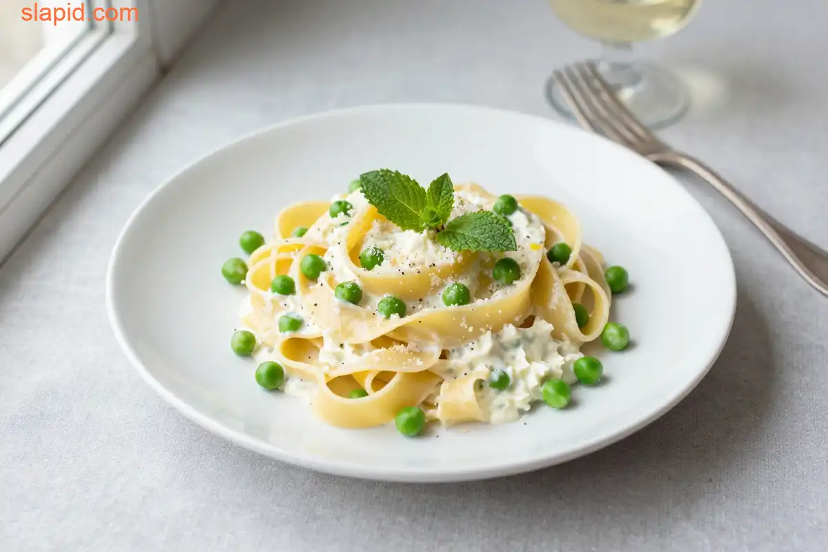 Creamy Lemon Ricotta Pasta with Peas plated dish