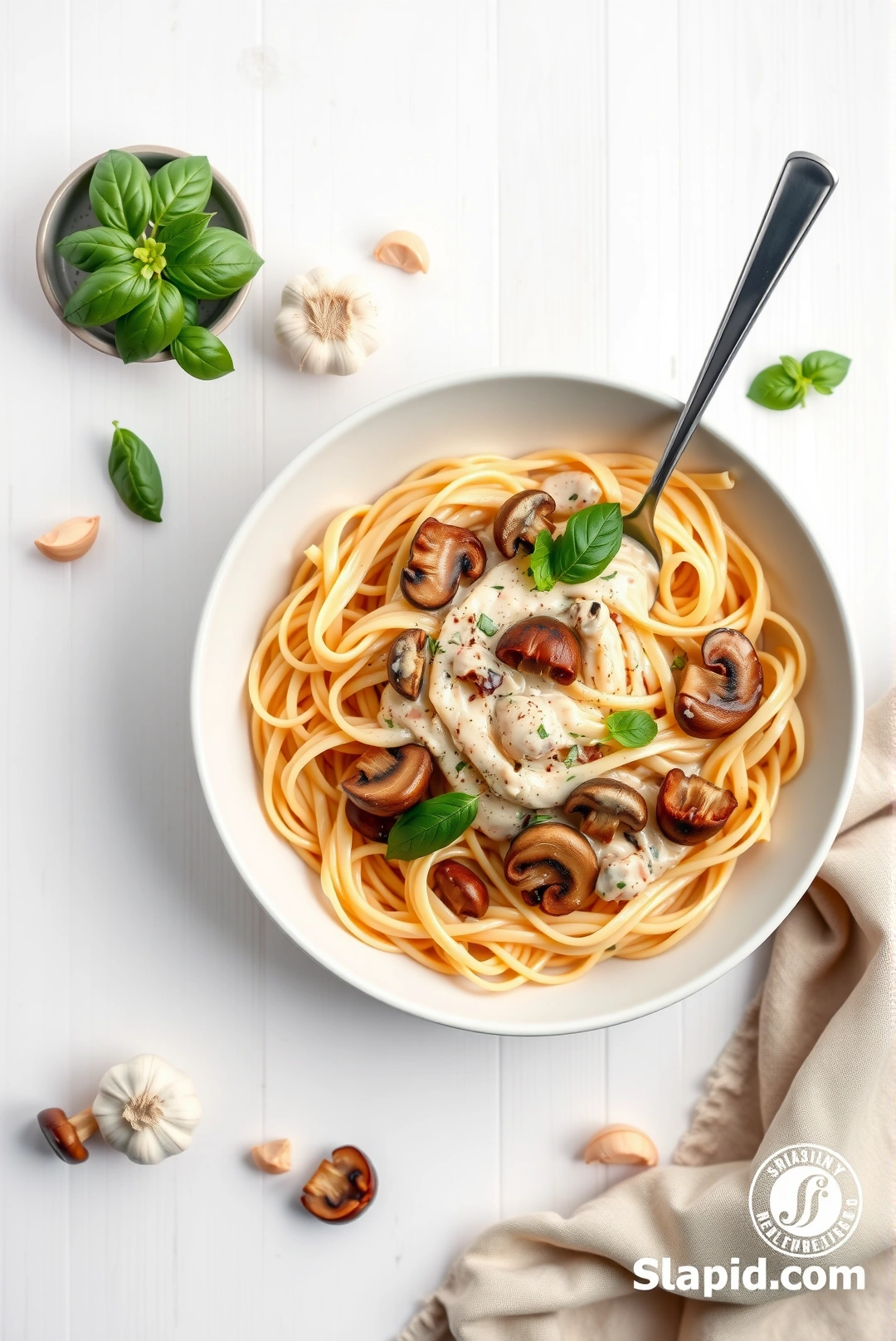 Creamy Vegan Garlic Mushroom Fettuccine Pasta Recipe - Pasta Recipe | Slapid