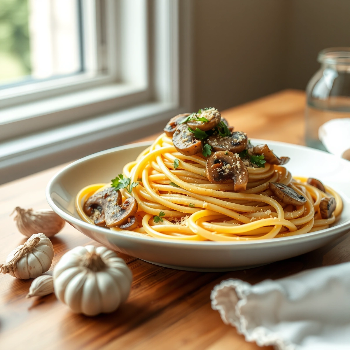 Creamy Vegan Garlic Mushroom Fettuccine plated dish