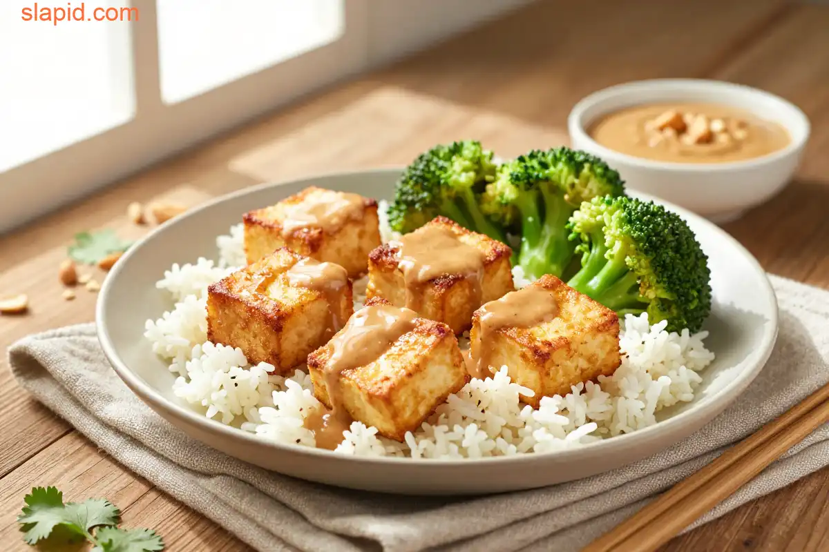Easy Air Fryer Tofu with Peanut Sauce plated dish
