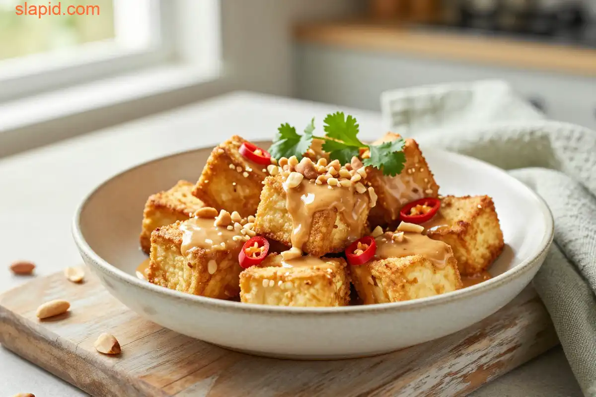 Easy Air Fryer Tofu with Peanut Sauce plated dish
