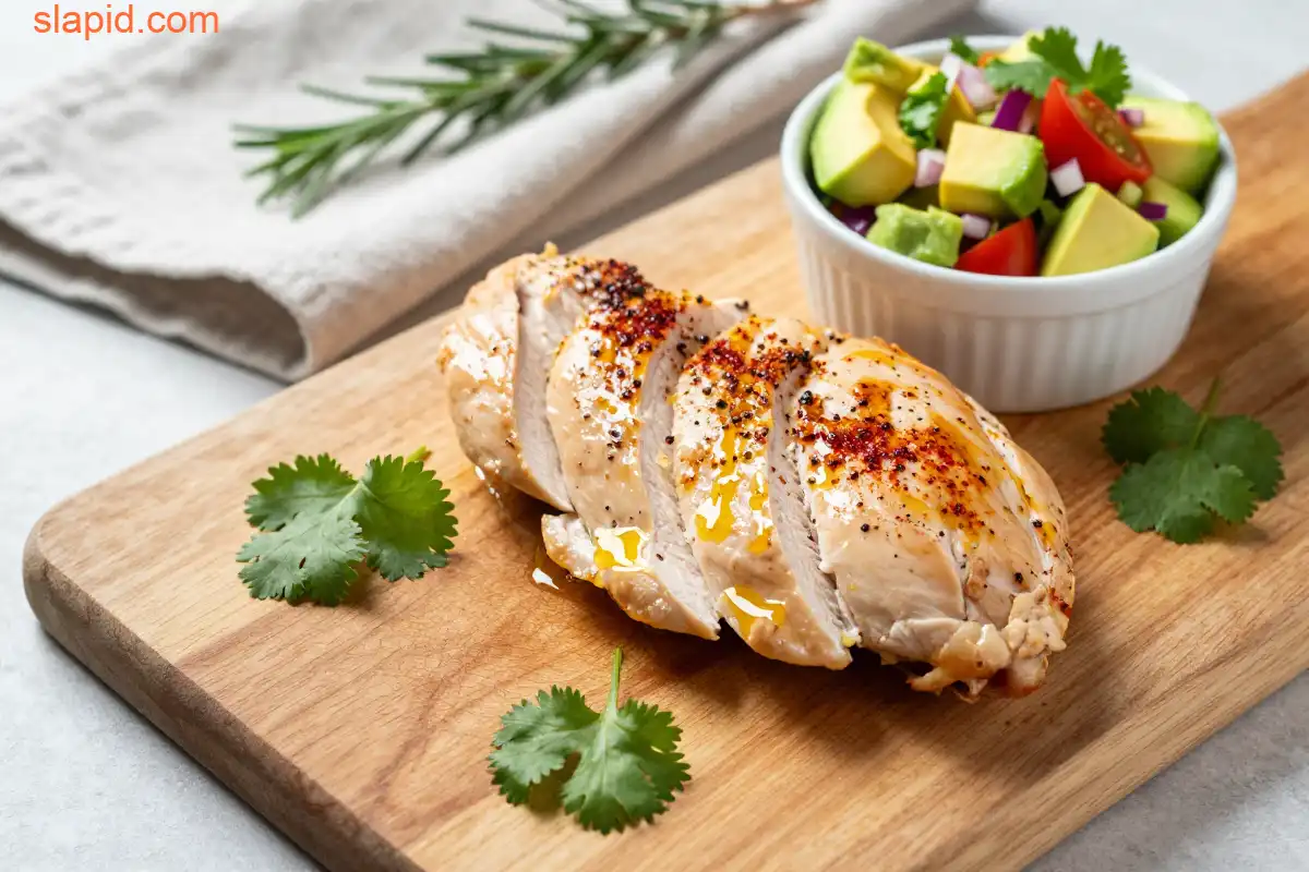 Easy Baked Chicken Breast with Avocado Salsa plated dish
