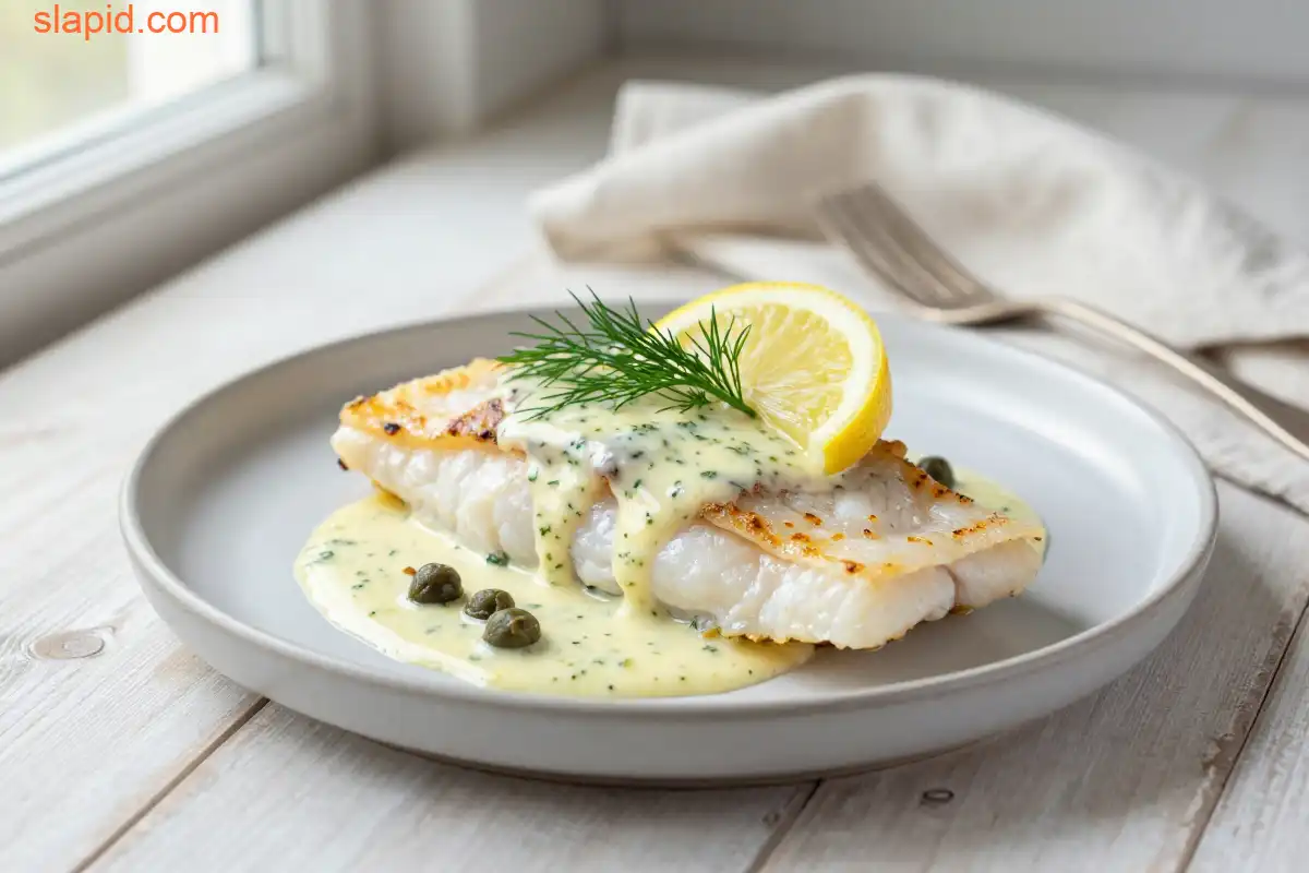 Easy Baked Cod with Lemon Dill Sauce plated dish