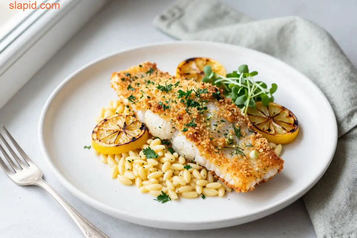 Easy Baked Cod with Lemon Herb Crust plated dish