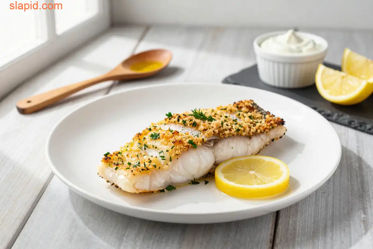 Easy Baked Cod with Lemon Herb Crust plated dish