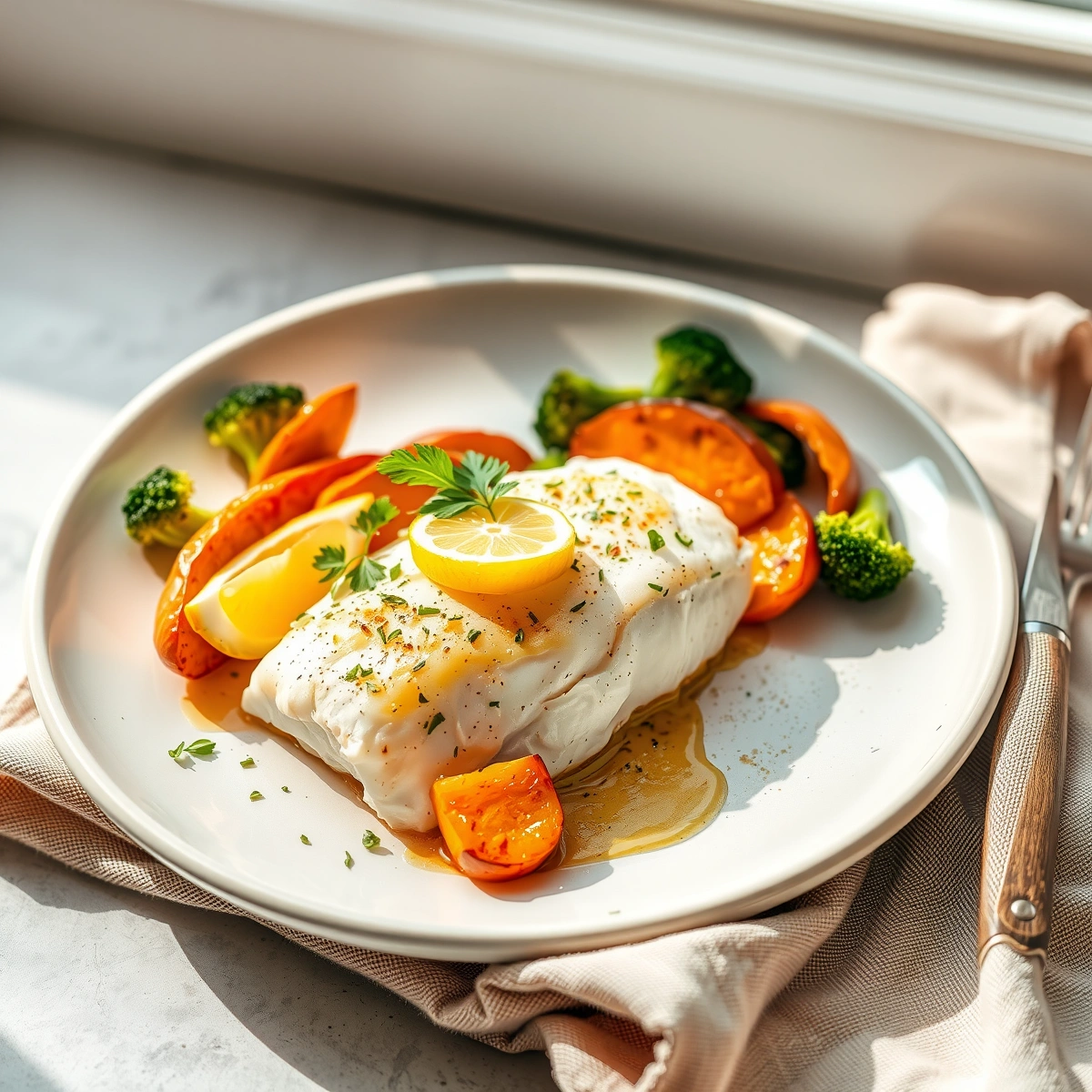 Easy Baked Cod with Roasted Sweet Potato and Broccoli plated dish