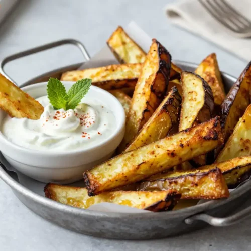 Step by step Easy Baked Eggplant Fries with Yogurt Dip