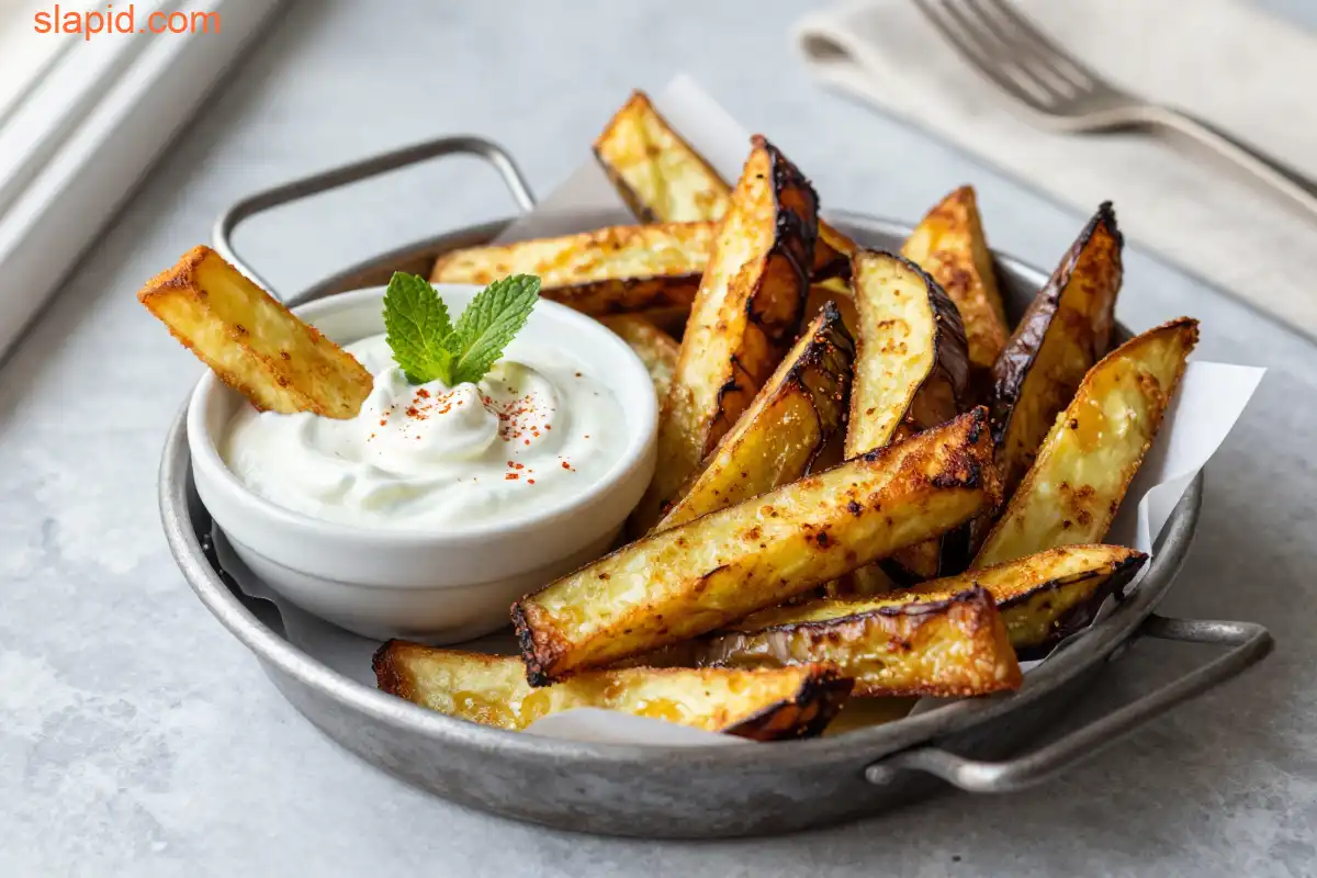 Easy Baked Eggplant Fries with Yogurt Dip plated dish