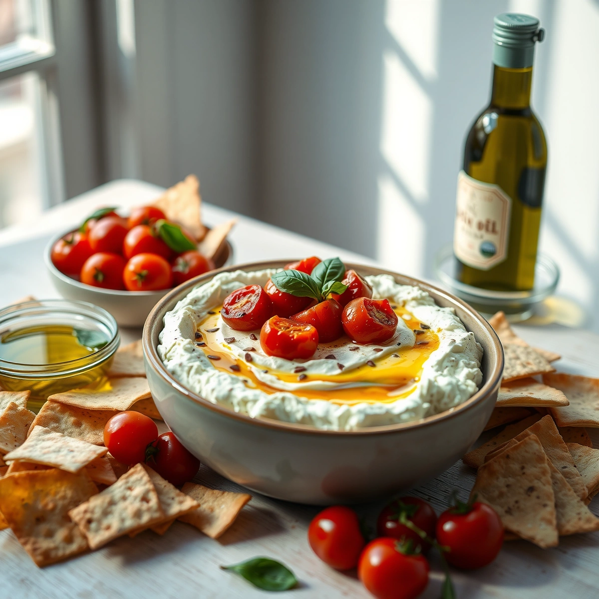 Easy Baked Feta Dip with Roasted Cherry Tomatoes plated dish