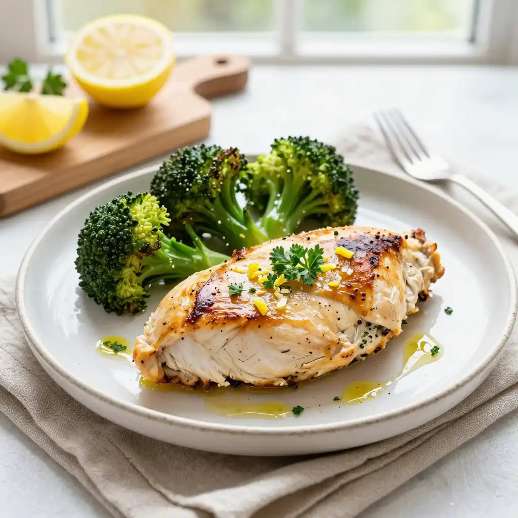 Easy Baked Lemon Herb Chicken Breast with Roasted Broccoli plated dish