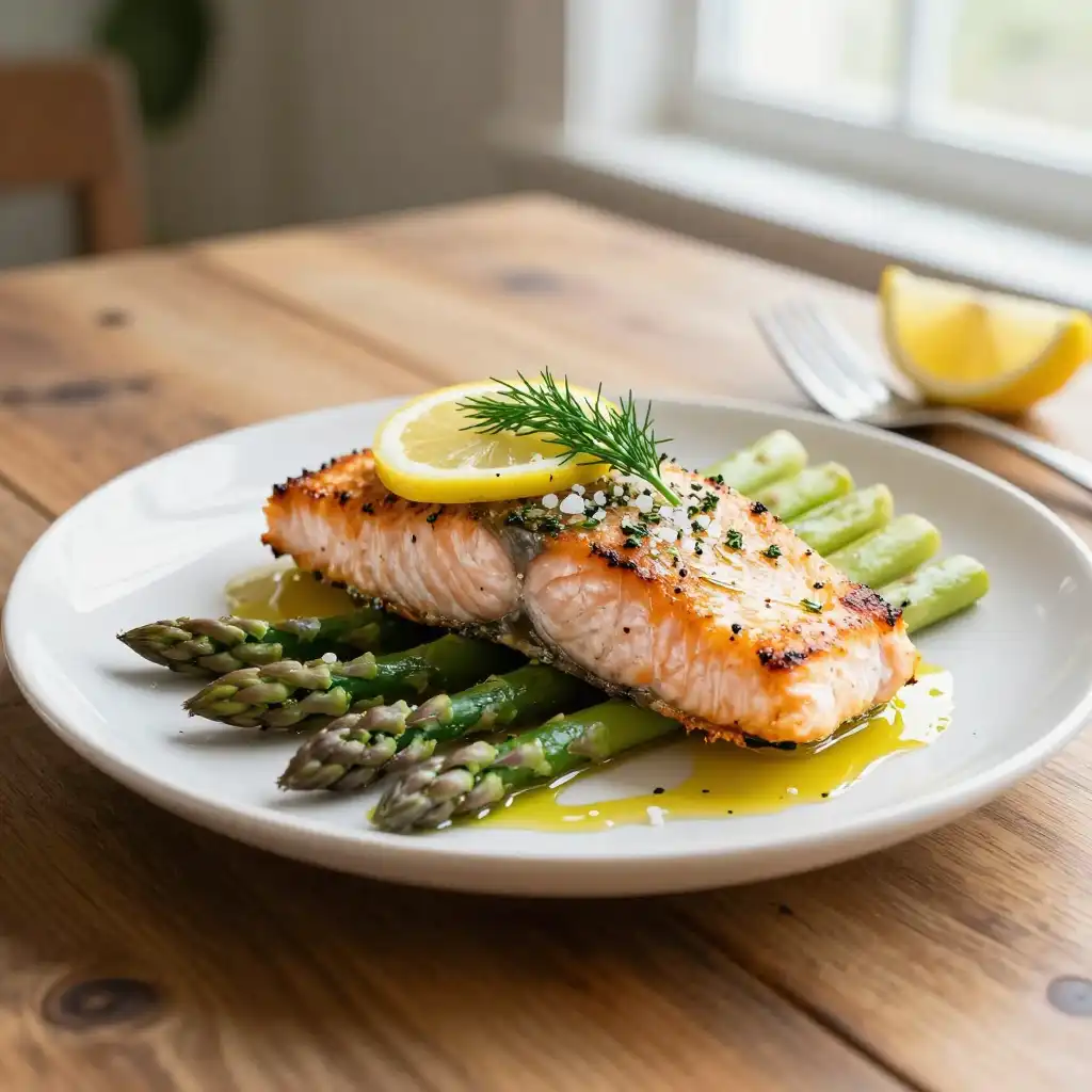 Easy Baked Lemon Herb Salmon Fillet with Asparagus plated dish
