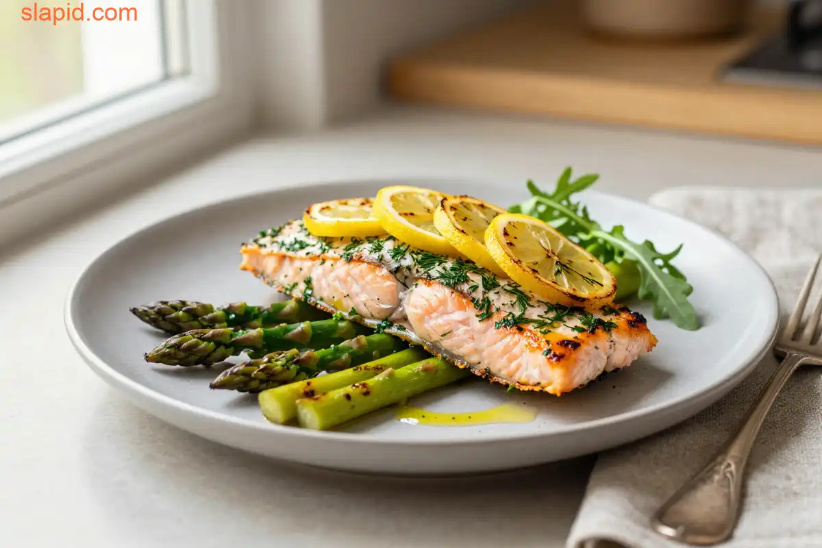 Easy Baked Lemon Herb Salmon with Asparagus plated dish