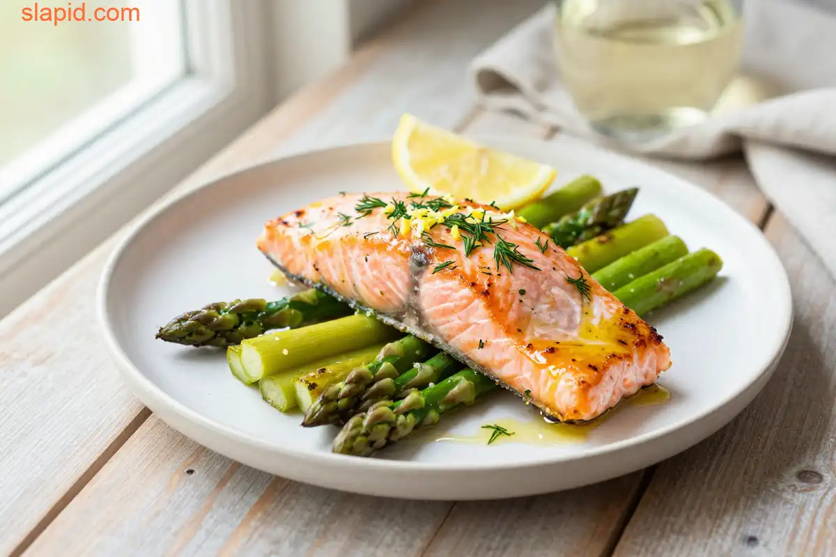 Easy Baked Salmon with Dill and Asparagus plated dish