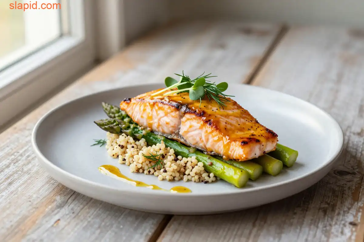 Easy Baked Salmon with Maple Mustard Glaze plated dish