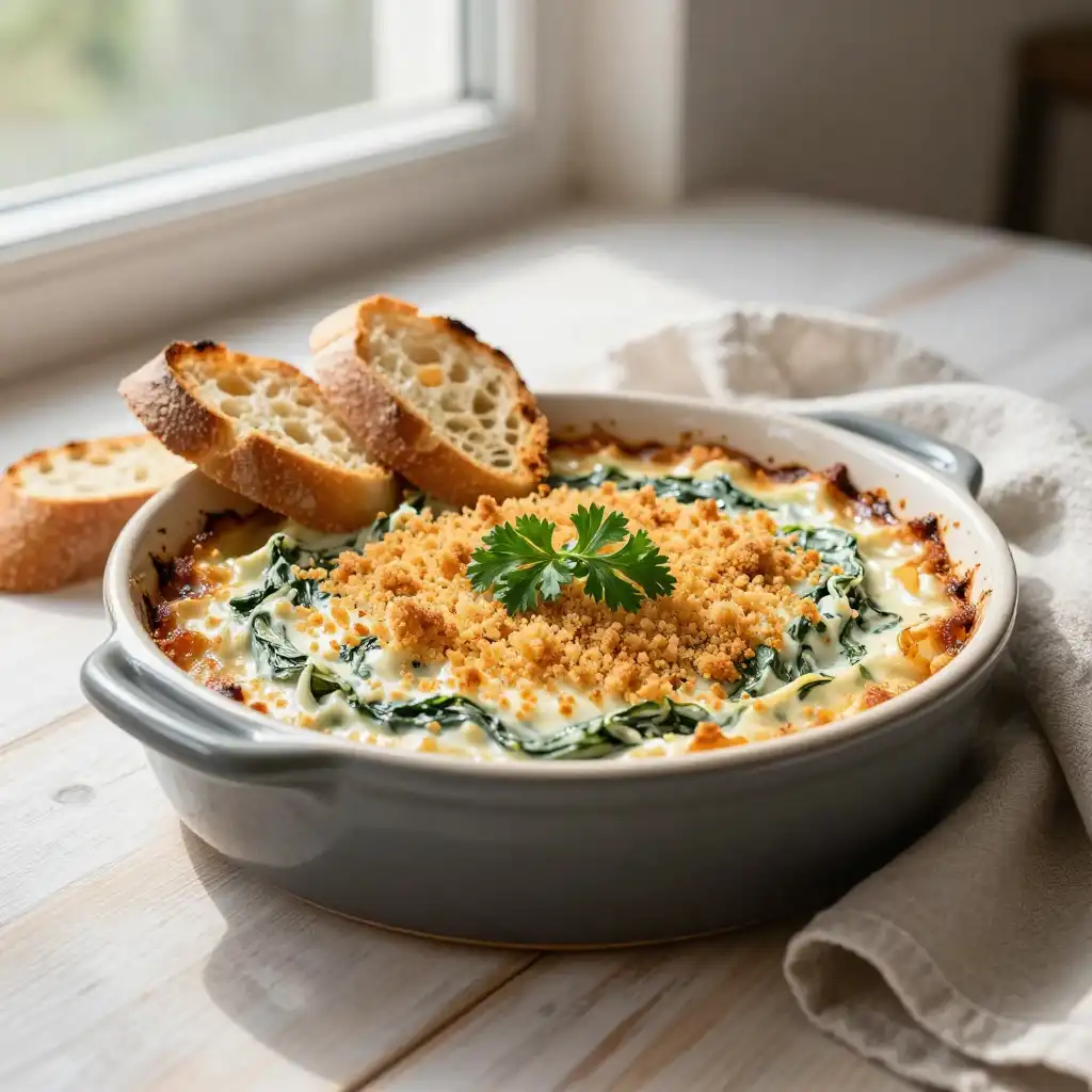 Easy Baked Spinach Artichoke Dip with Cream Cheese plated dish