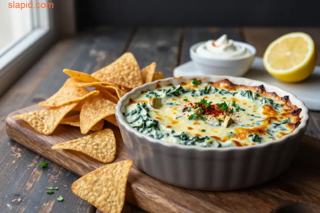 Step by step Easy Baked Spinach Artichoke Dip with Tortilla Chips