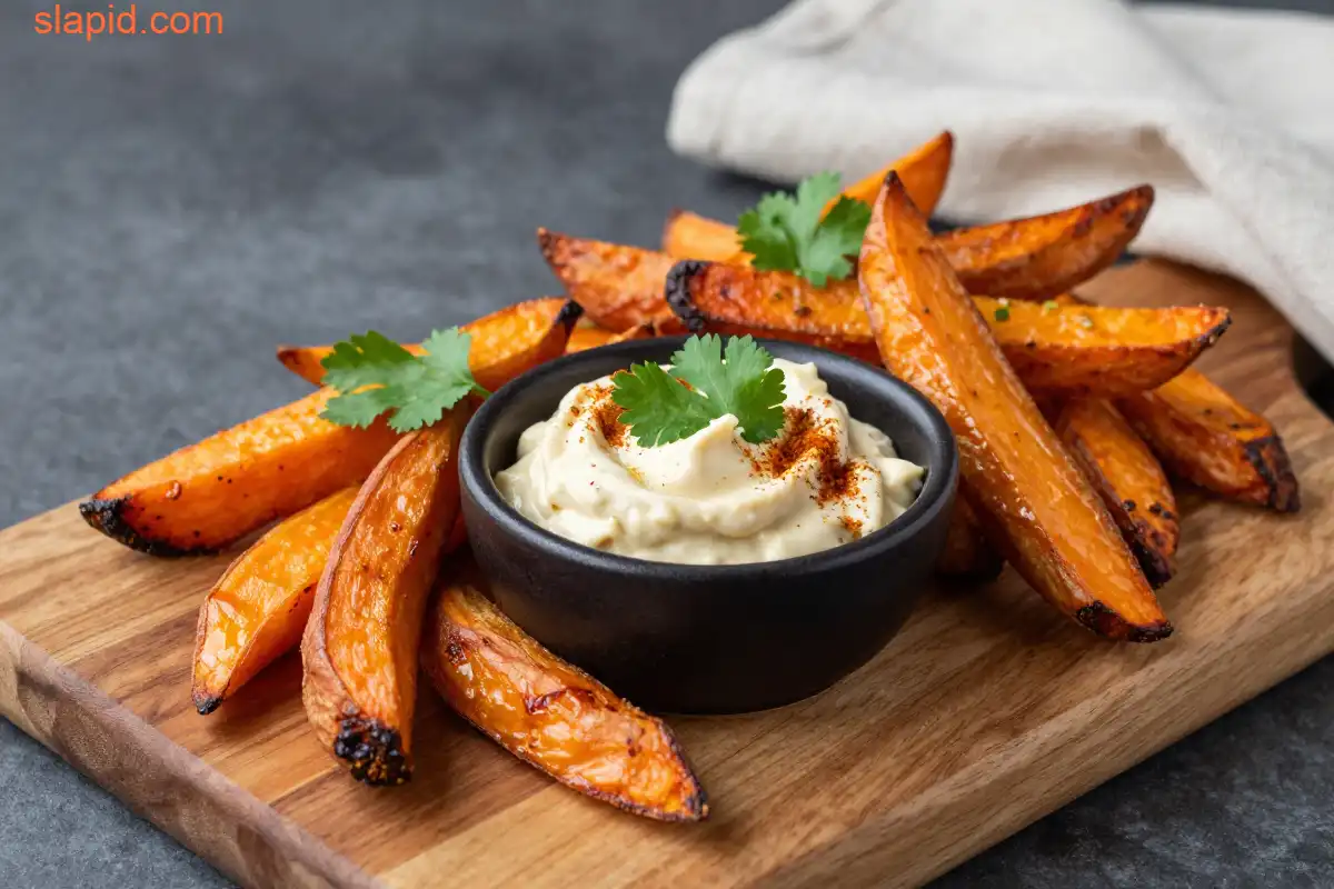 Easy Baked Sweet Potato Fries with Chipotle Aioli plated dish