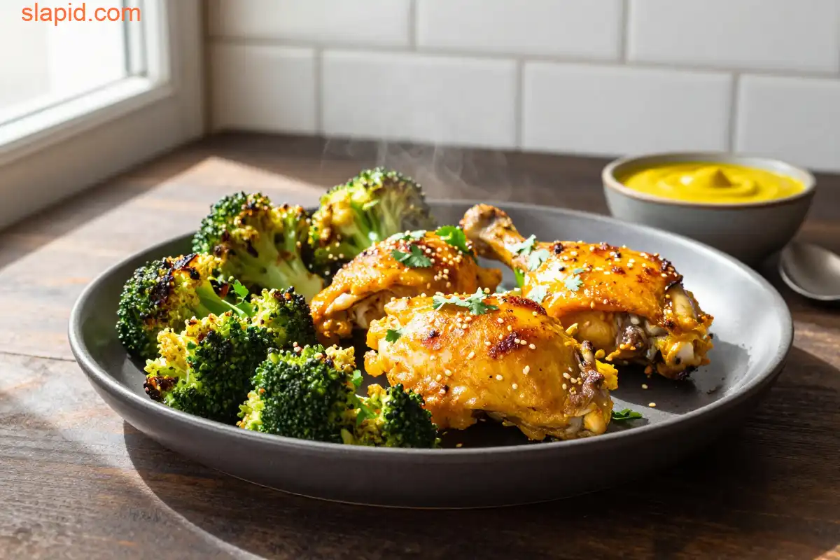 Easy Baked Turmeric Chicken and Broccoli Sheet Pan plated dish