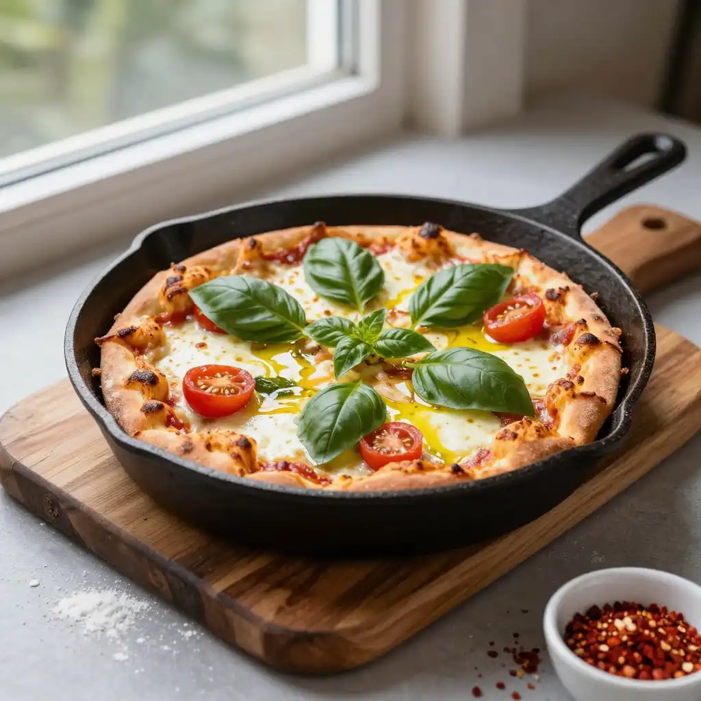 Easy Cast Iron Skillet Pizza with Crispy Crust plated dish