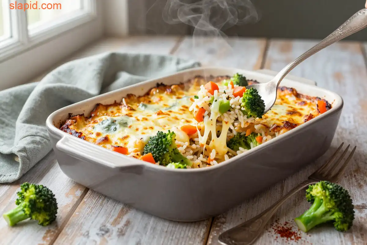 Easy Cheesy Vegetable Rice Casserole with Broccoli plated dish