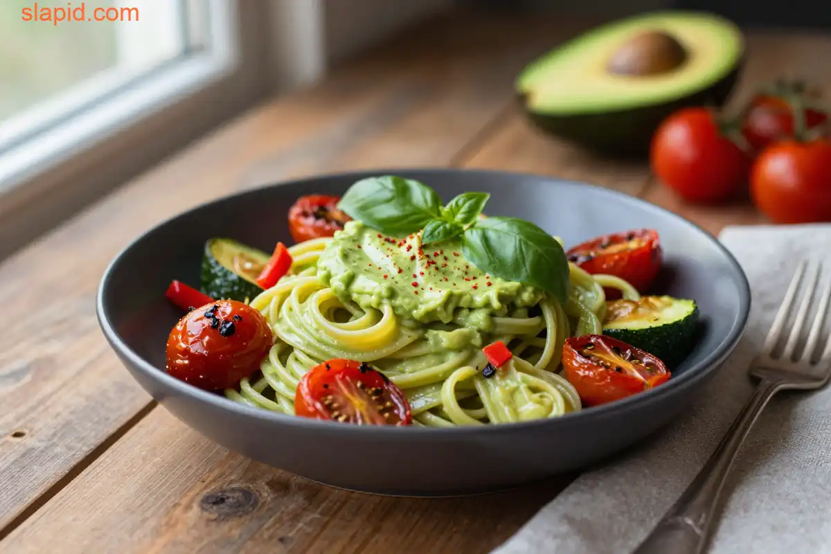Easy Creamy Avocado Pasta with Roasted Vegetables plated dish