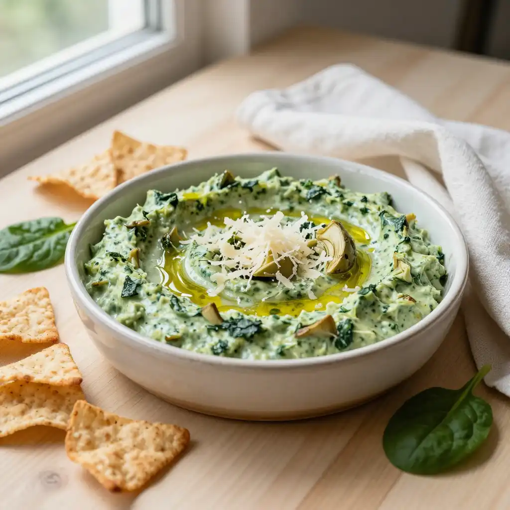Easy Creamy Spinach Artichoke Dip with Greek Yogurt plated dish