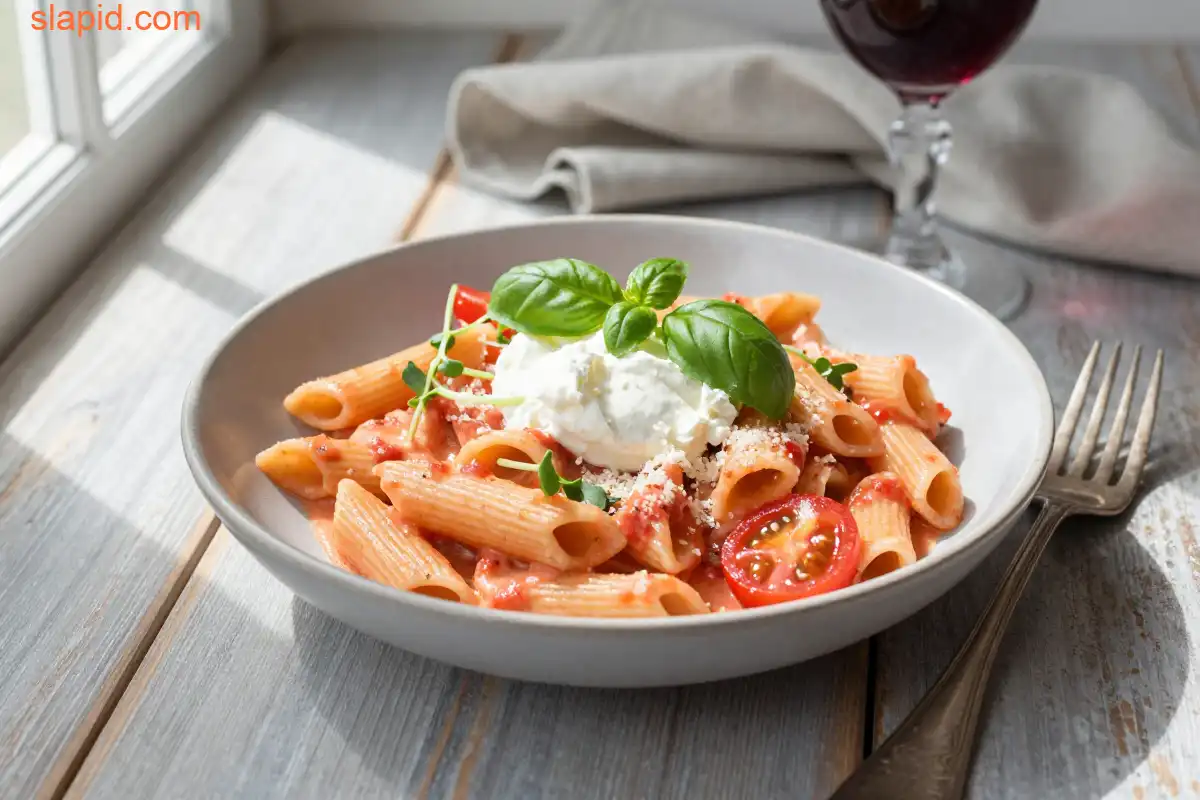 Easy Creamy Tomato Pasta with Basil Ricotta plated dish