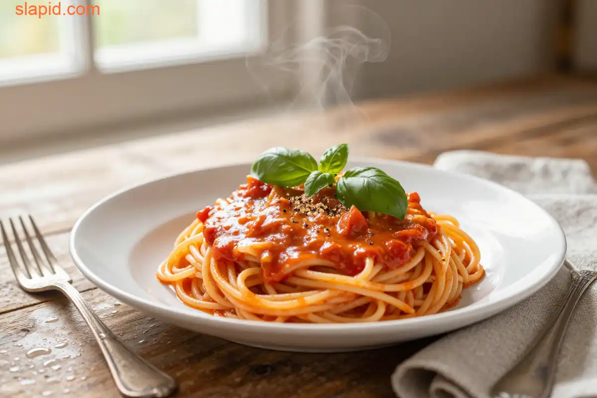 Easy Creamy Tomato Pasta with Coconut Milk plated dish