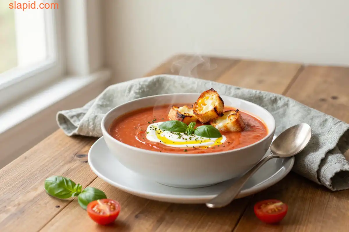 Easy Creamy Tomato Soup with Grilled Cheese Croutons plated dish