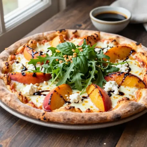 Step by step Easy Grilled Peach and Arugula Pizza Recipe