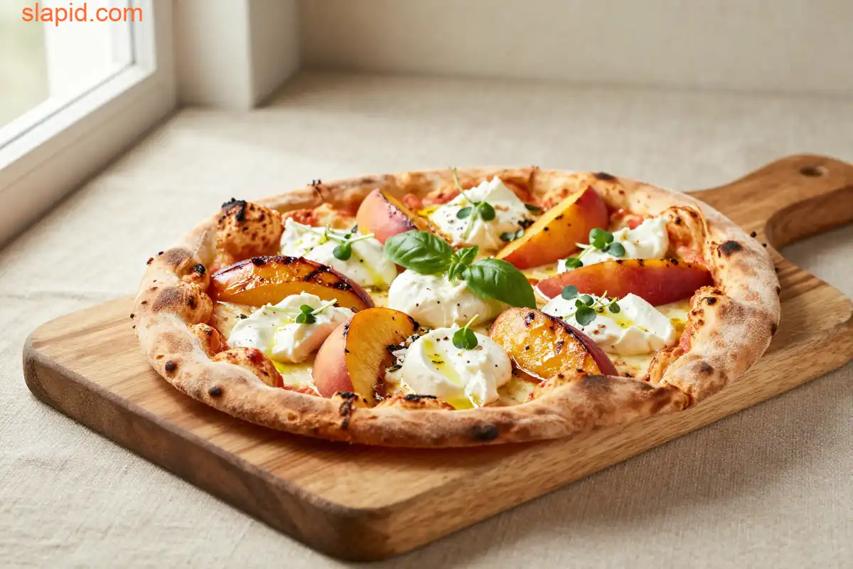 Easy Grilled Peach and Burrata Pizza plated dish