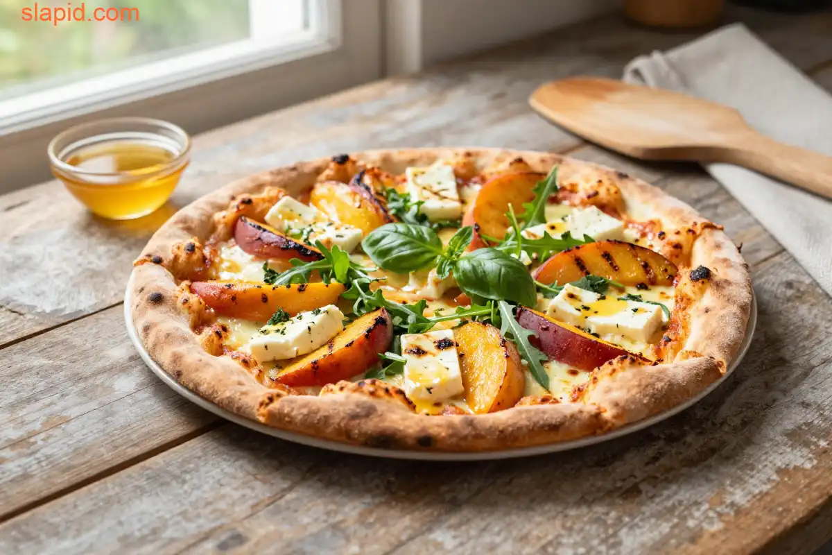Easy Grilled Peach and Halloumi Pizza plated dish