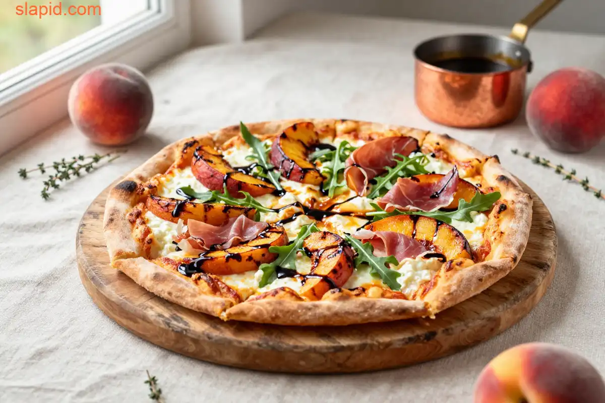Easy Grilled Peach Pizza with Balsamic Glaze plated dish