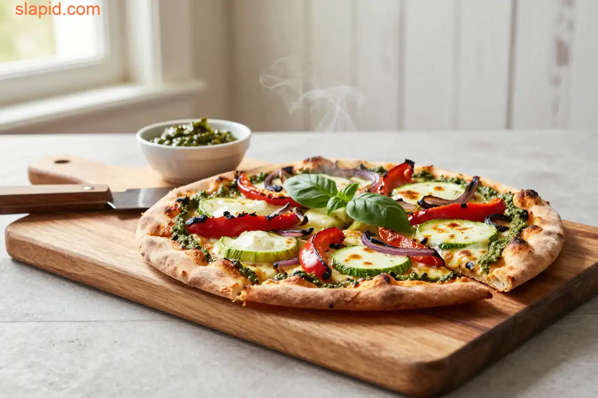Easy Grilled Vegetable Pizza with Pesto plated dish