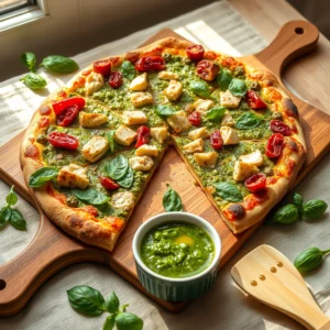 Step by step Easy Homemade Chicken Pesto Pizza with Sun-Dried Tomatoes