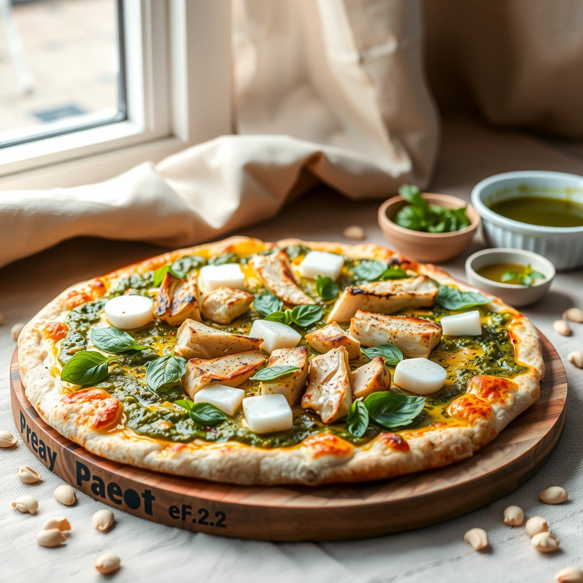 Easy Homemade Thin Crust Chicken Pesto Pizza plated dish