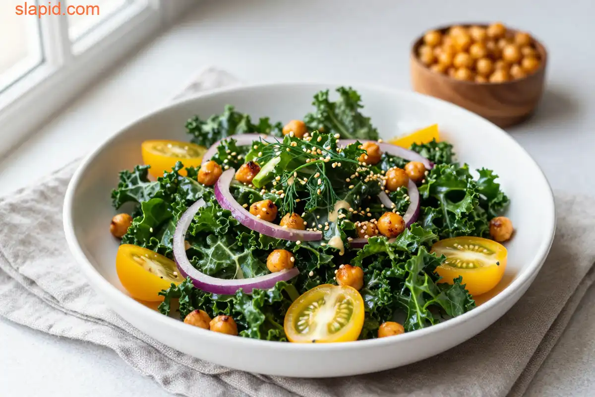 Easy Kale and Roasted Chickpea Salad plated dish