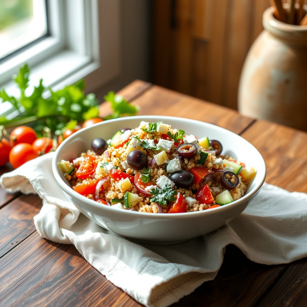 Easy Mediterranean Quinoa Salad with Lemon Herb Dressing plated dish