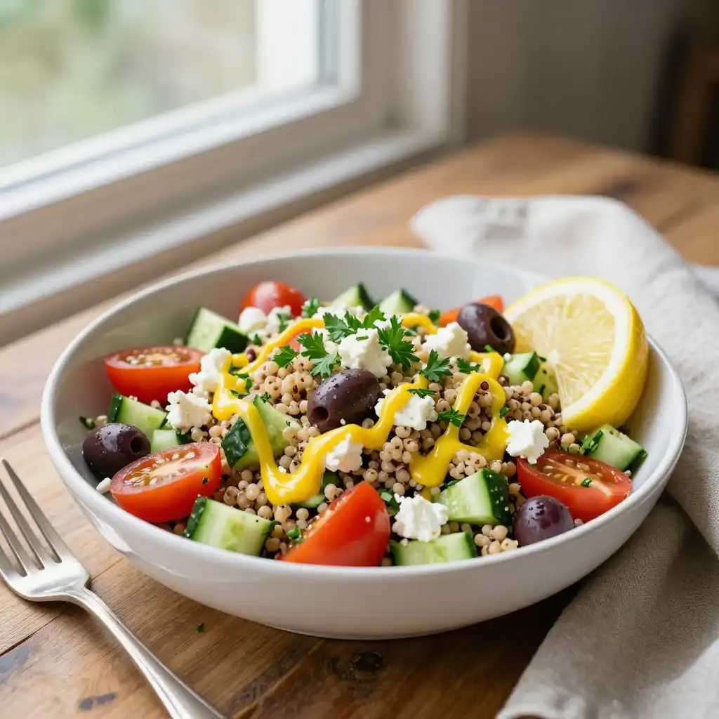 Easy Mediterranean Quinoa Salad with Lemon Vinaigrette plated dish