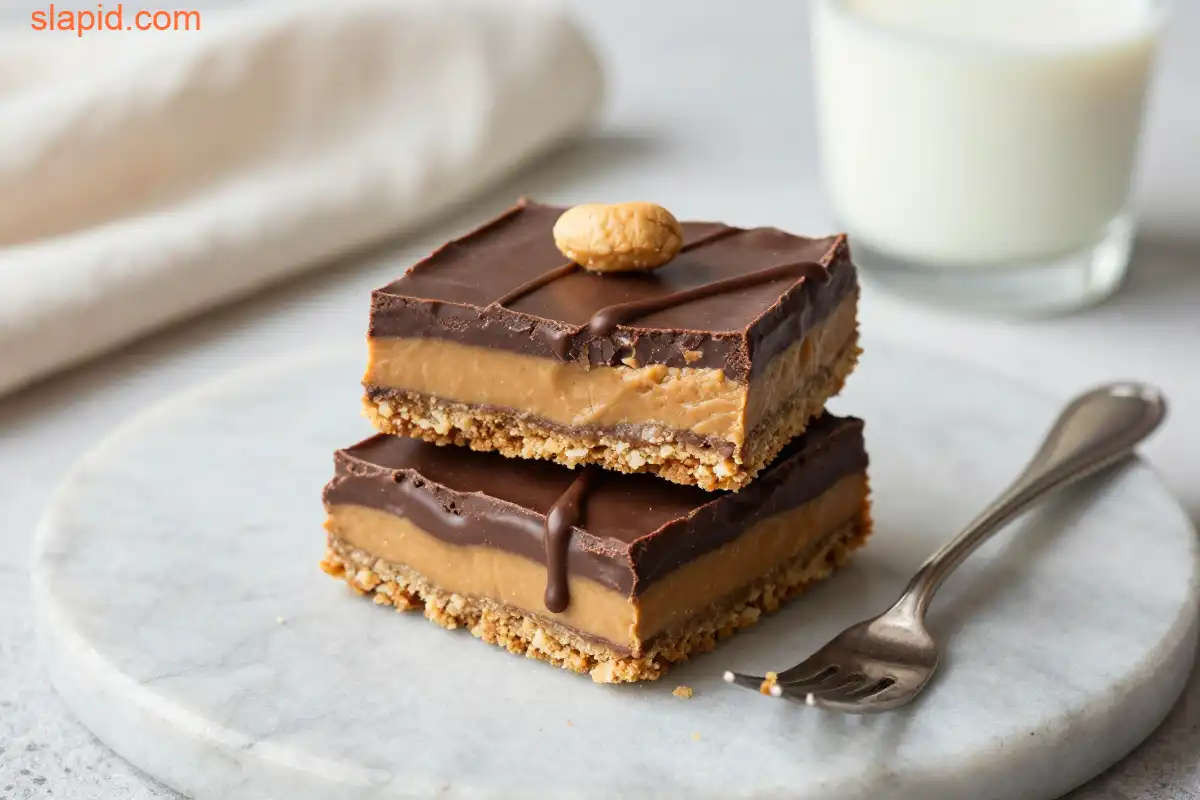 Easy No-Bake Chocolate Peanut Butter Bars plated dish