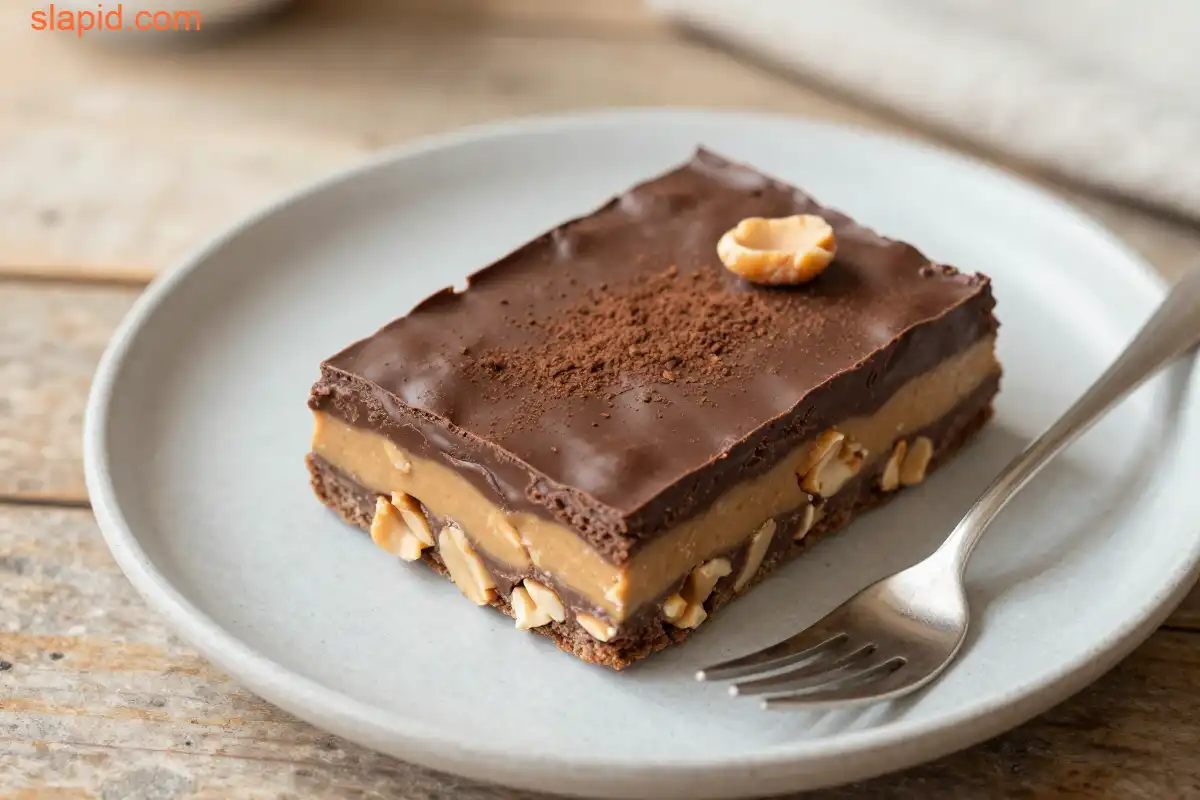 Easy No-Bake Chocolate Peanut Butter Bars plated dish