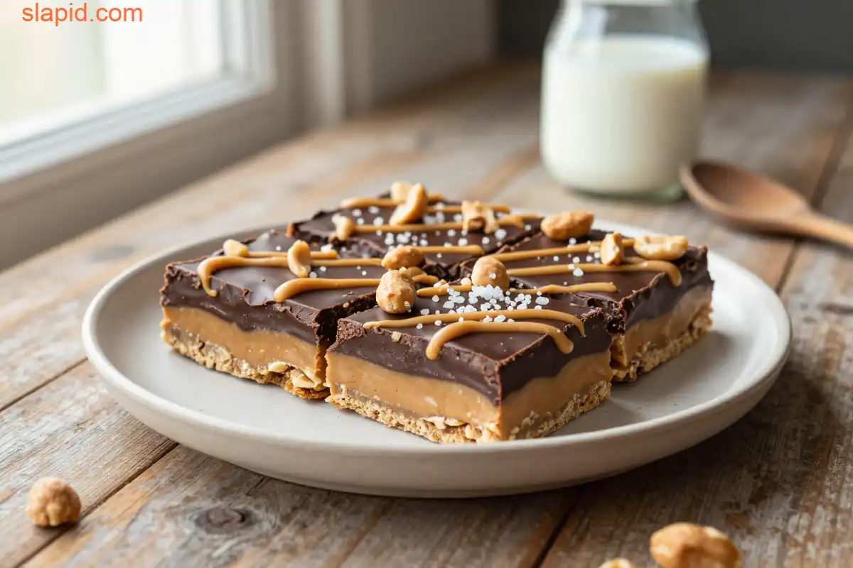 Easy No-Bake Peanut Butter Chocolate Bars plated dish