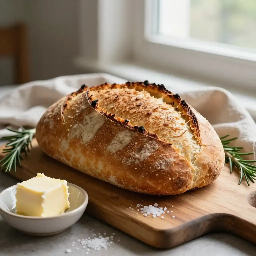 Easy No-Knead Artisan Dutch Oven Bread plated dish