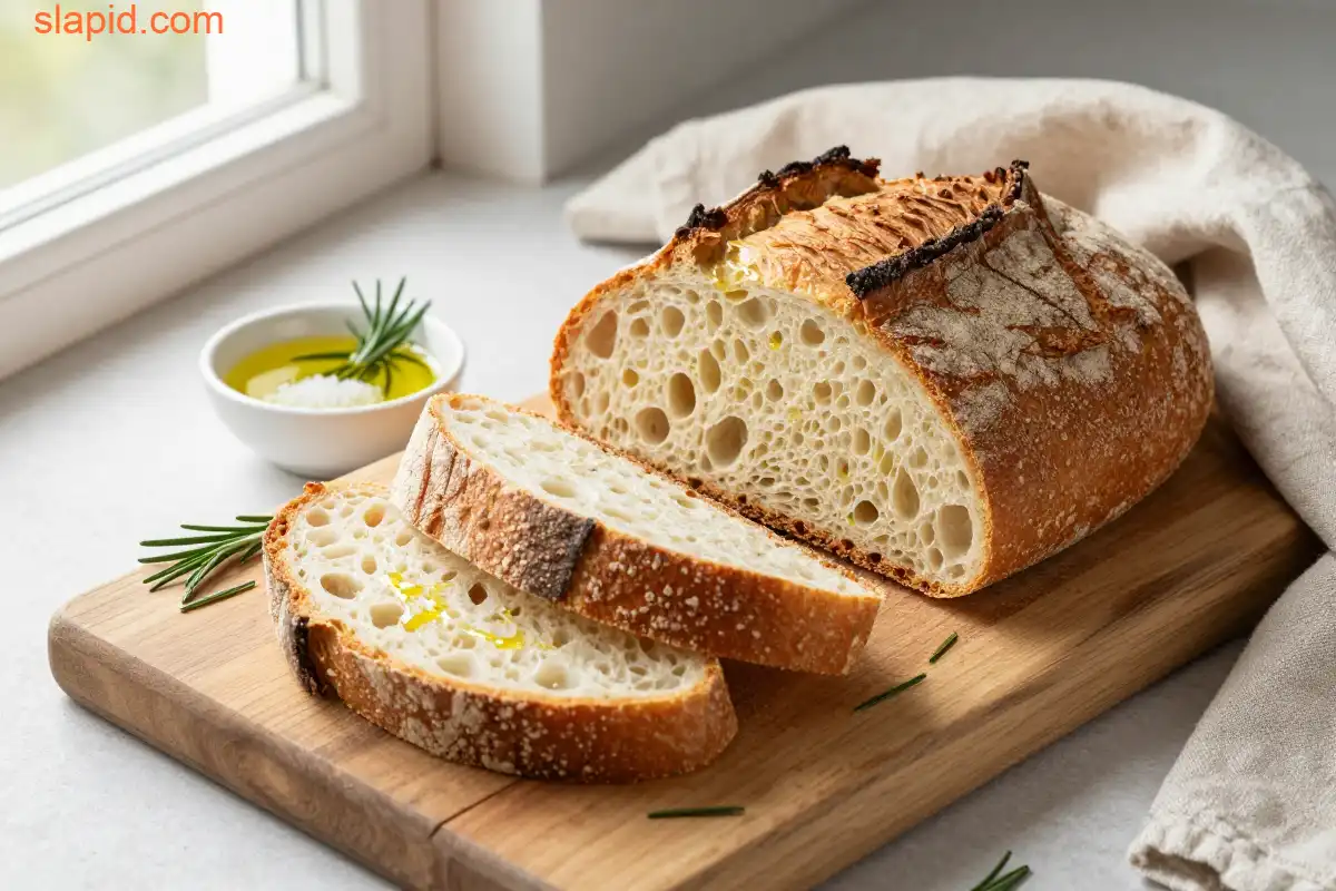 Easy No-Knead Olive Oil Rosemary Bread plated dish