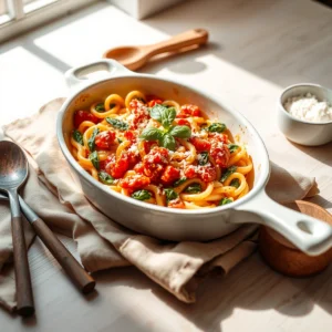 Step by step Easy One-Pan Creamy Tomato Spinach Pasta Bake